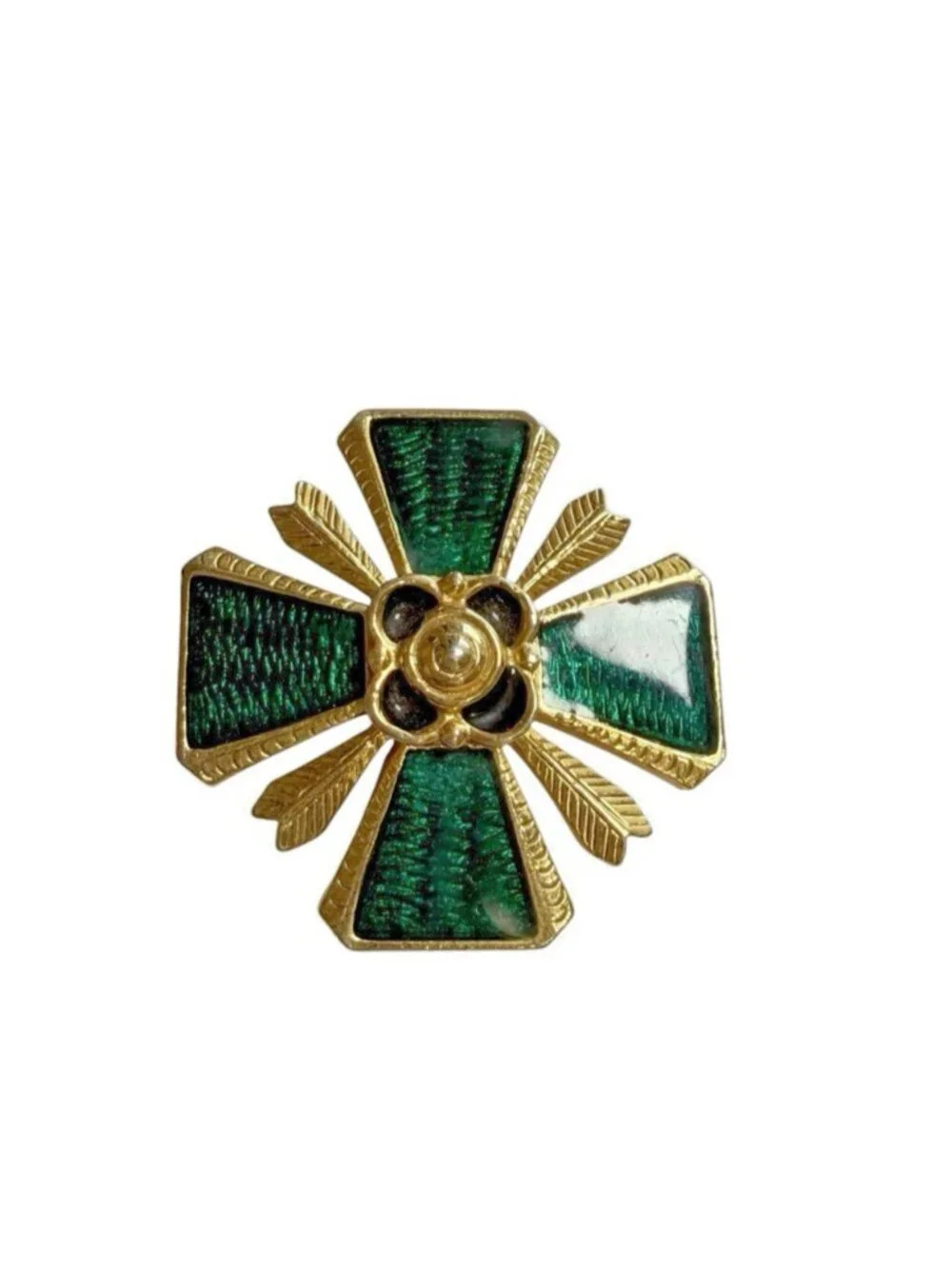 Vintage Maltese Cross Pin Brooch Emerald Green & Gold Tone 1.25